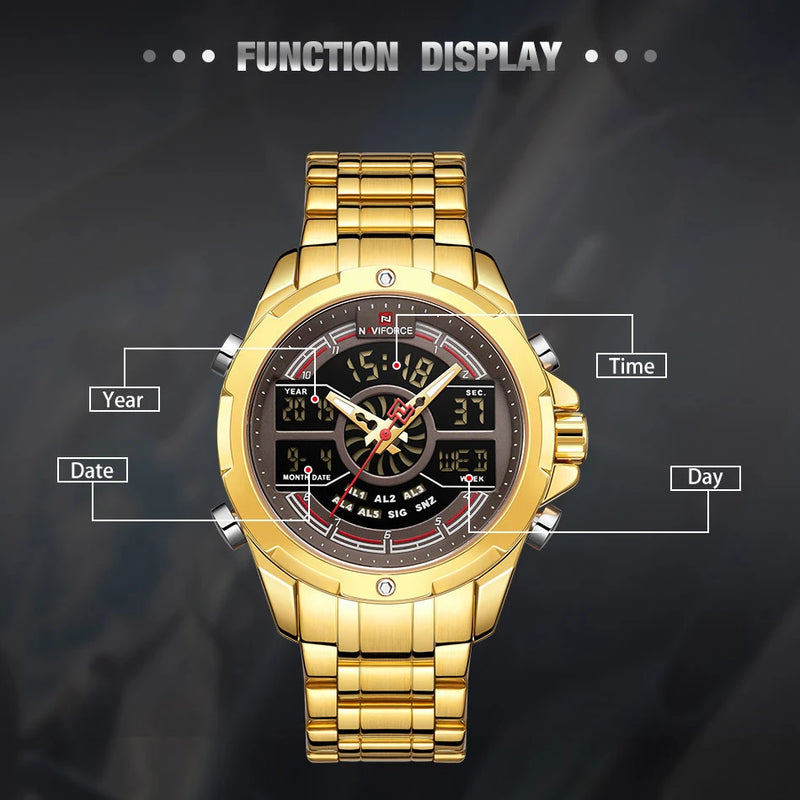 NAVIFORCE Relógios Digitais Multifuncionais Masculinos Luxo Dourado Aço Inoxidável À Prova D'Água Quartzo