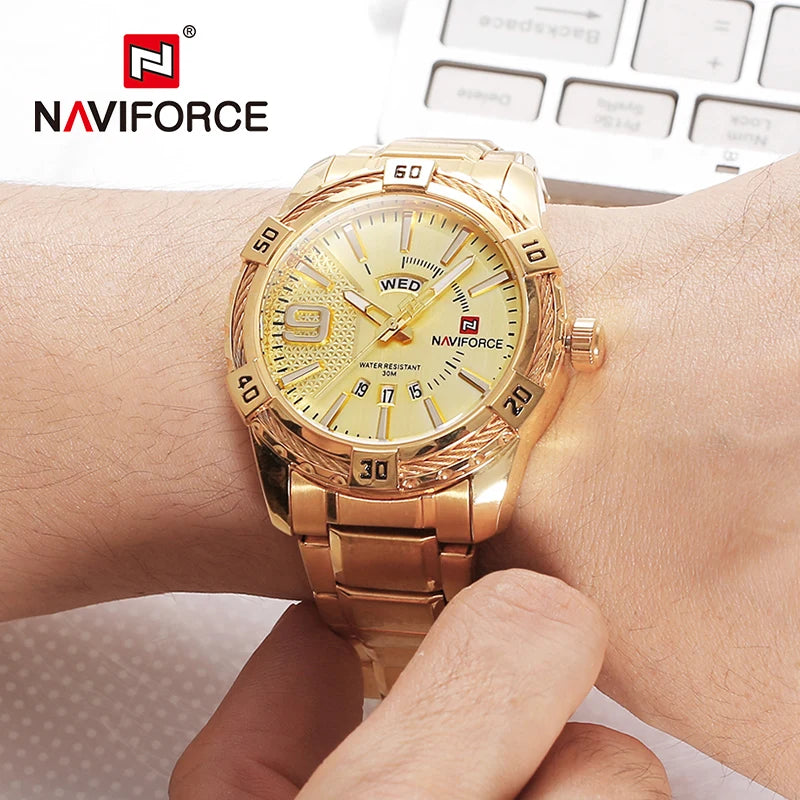 NAVIFORCE Relógio de pulso masculino de marca de luxo, à prova d'água com pulseira de aço para negócios