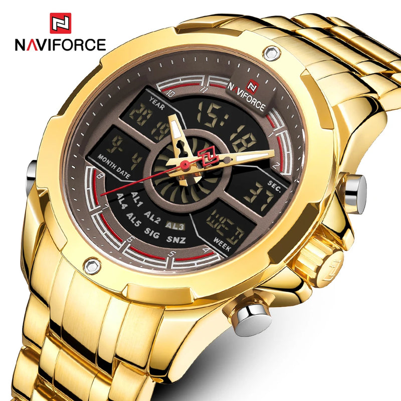 NAVIFORCE Relógios Digitais Multifuncionais Masculinos Luxo Dourado Aço Inoxidável À Prova D'Água Quartzo