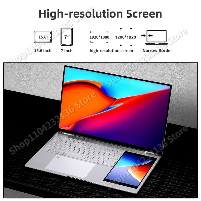 Dual Screen Laptop Windows 11 Notebooks Office Computer PC Narrow 15.6" +7" Touch Intel N5105 16GBRAM+1TB M.2 5G WiFi