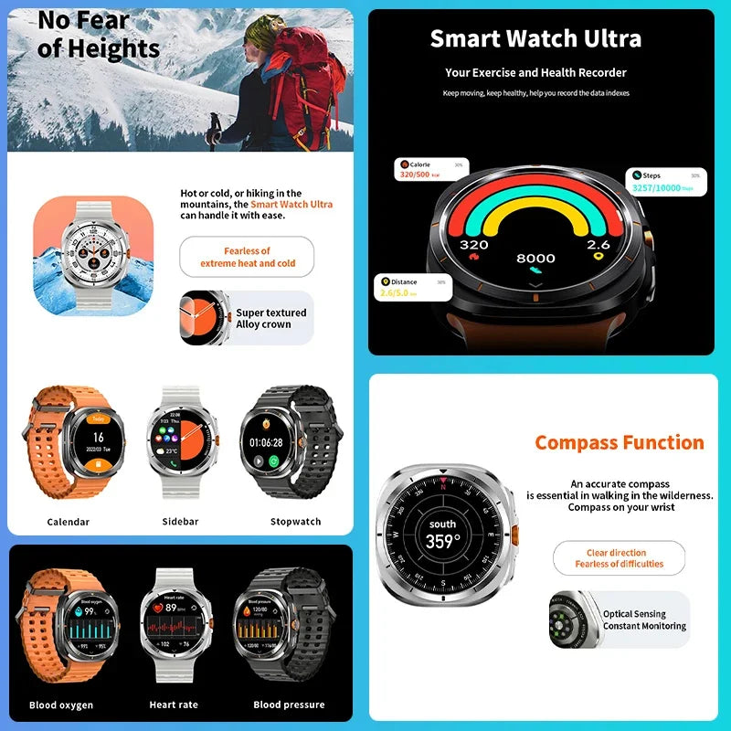 Smart Watch 7 Ultra Men Health Monitor Compass AMOLED Always Display NFC Bluetooth Call GPS Track Women SOS