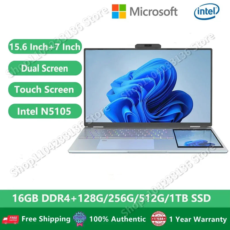 Dual Screen Laptop Windows 11 Notebooks Office Computer PC Narrow 15.6" +7" Touch Intel N5105 16GBRAM+1TB M.2 5G WiFi