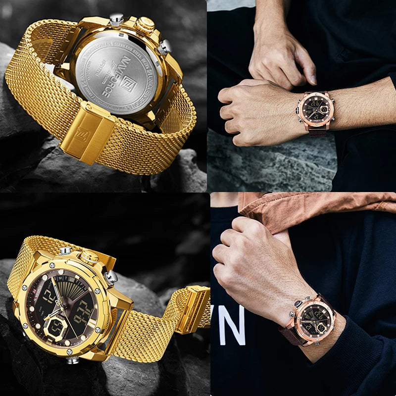 Relógios originais NAVIFORCE masculino marca de luxo, malha, pulseira de aço, relógio à prova d'água