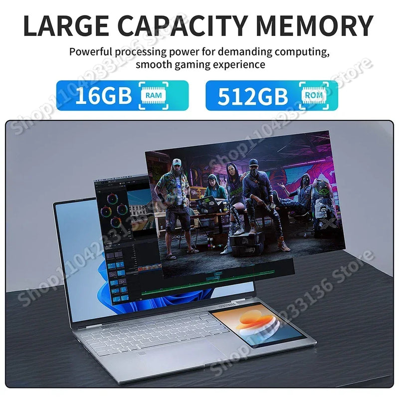 Dual Screen Laptop Windows 11 Notebooks Office Computer PC Narrow 15.6" +7" Touch Intel N5105 16GBRAM+1TB M.2 5G WiFi