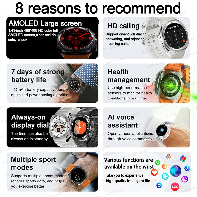 Smart Watch 7 Ultra Men Health Monitor Compass AMOLED Always Display NFC Bluetooth Call GPS Track Women SOS